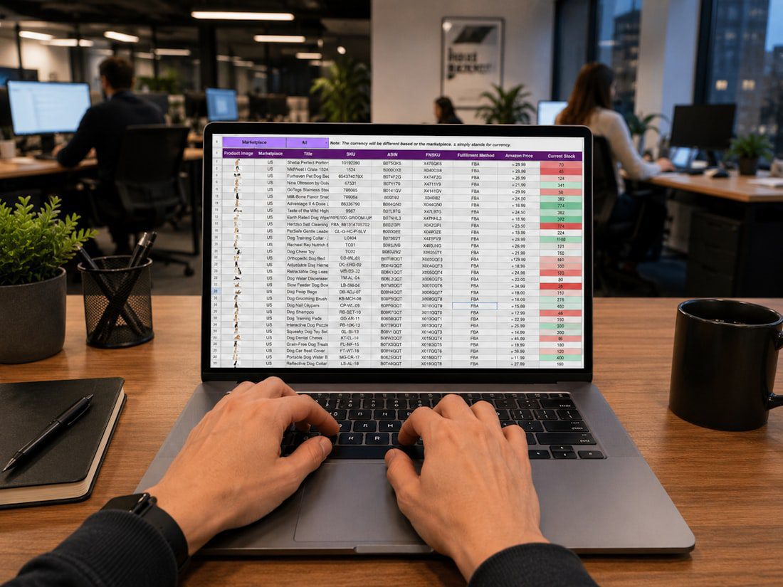 Hands typing on a laptop displaying a data spreadsheet, used to organize exported keyword research