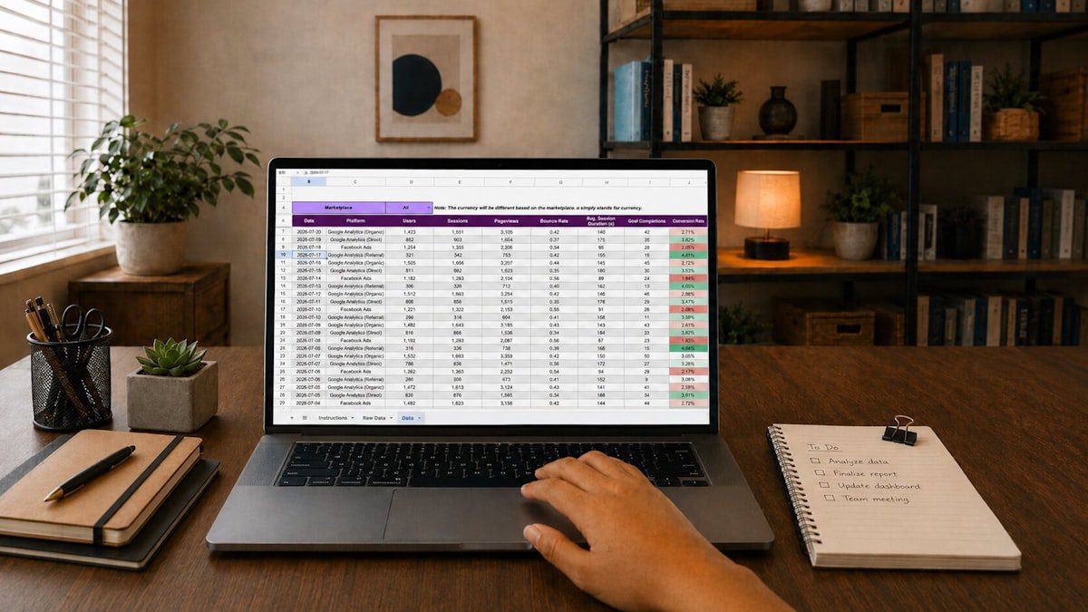 Hand operating a laptop showing a data spreadsheet, representing a Notion AI content database