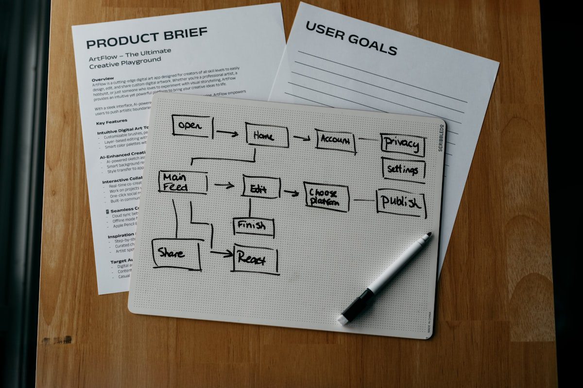 Workflow diagram and product brief showing a Notion AI blog writing workflow