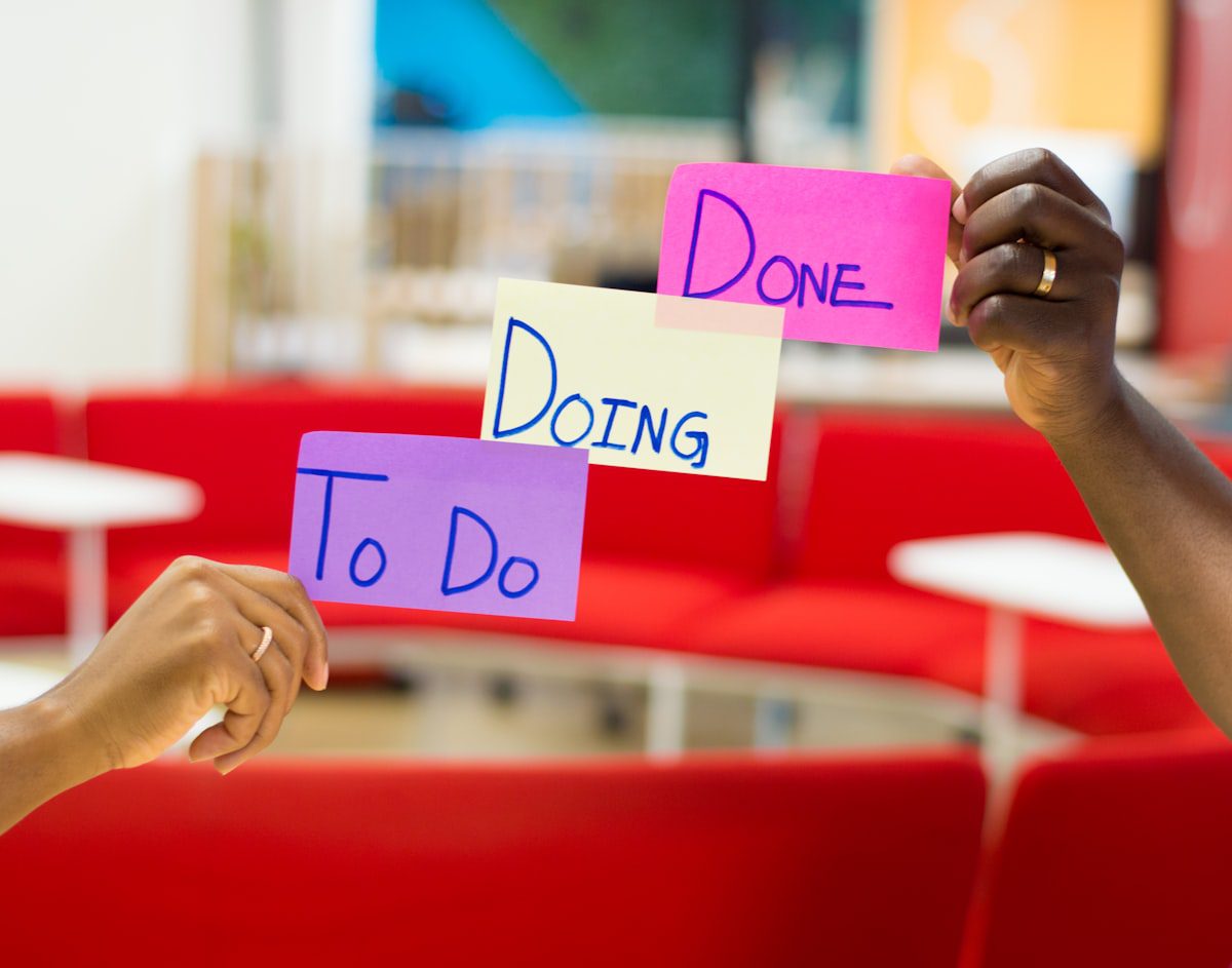 Trello-style kanban board with To Do, Doing, and Done sticky note cards