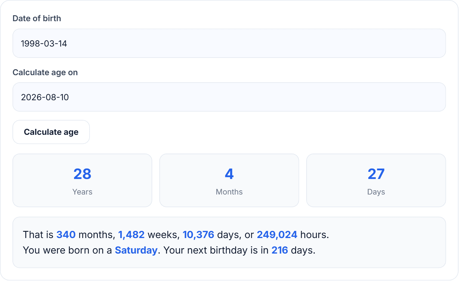 The HN Solutions age calculator showing an exact age in years, months and days from a date of birth of 14 March 1998
