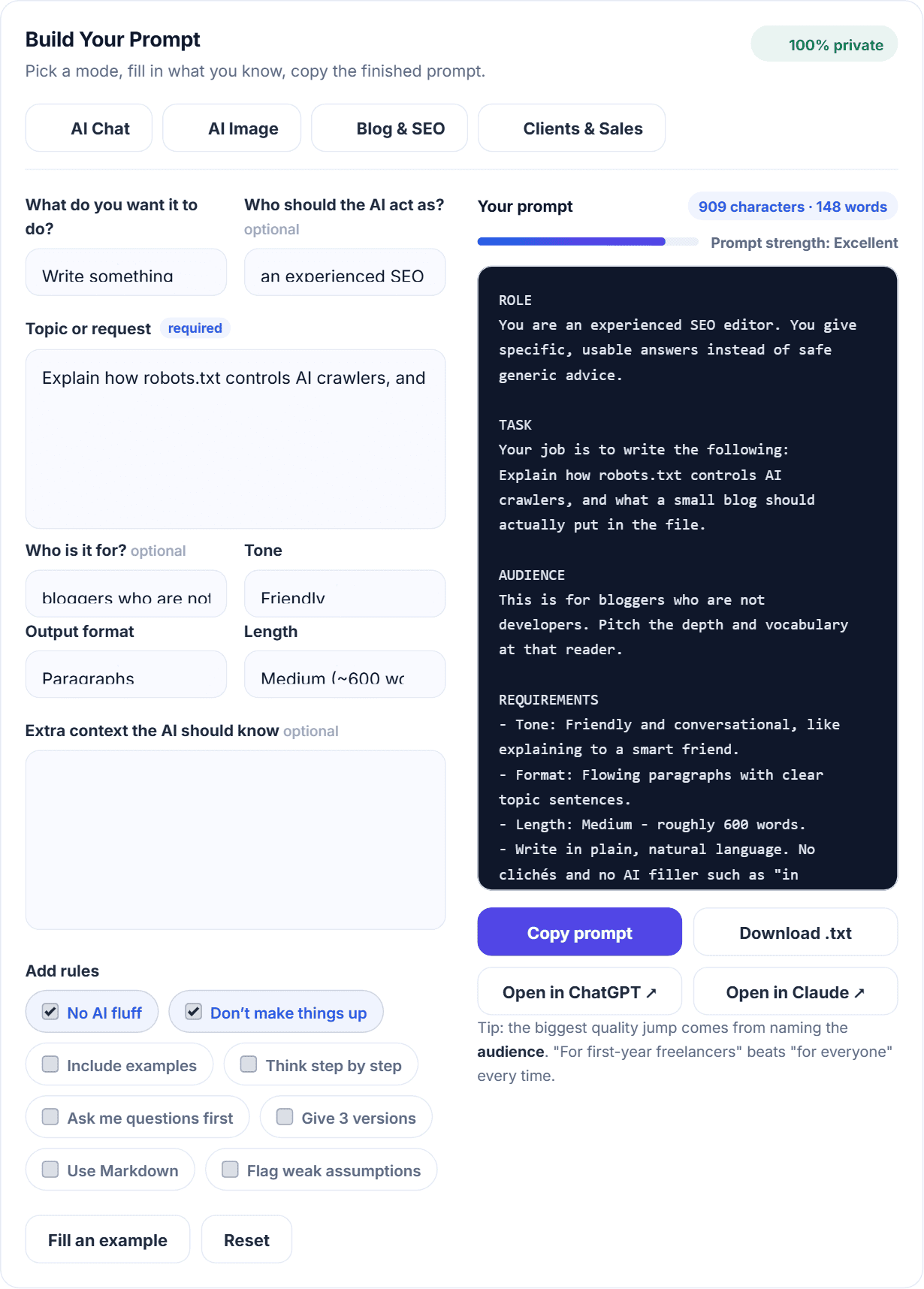 The HN Solutions AI prompt generator building a structured prompt from role, task, audience, tone and format fields, ready to copy into ChatGPT or Claude