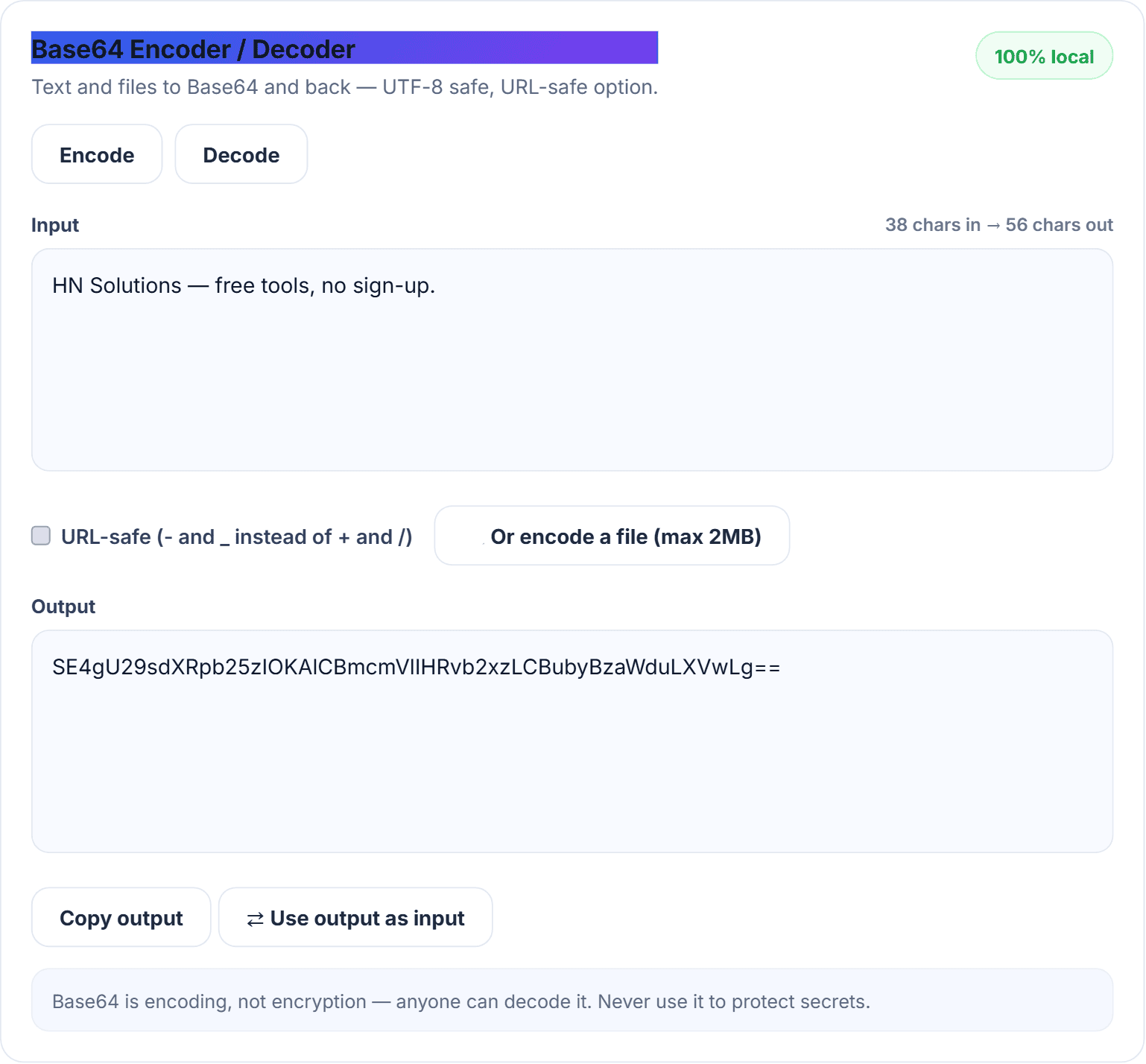 The HN Solutions Base64 encoder converting a line of text into Base64, with decode and URL-safe options