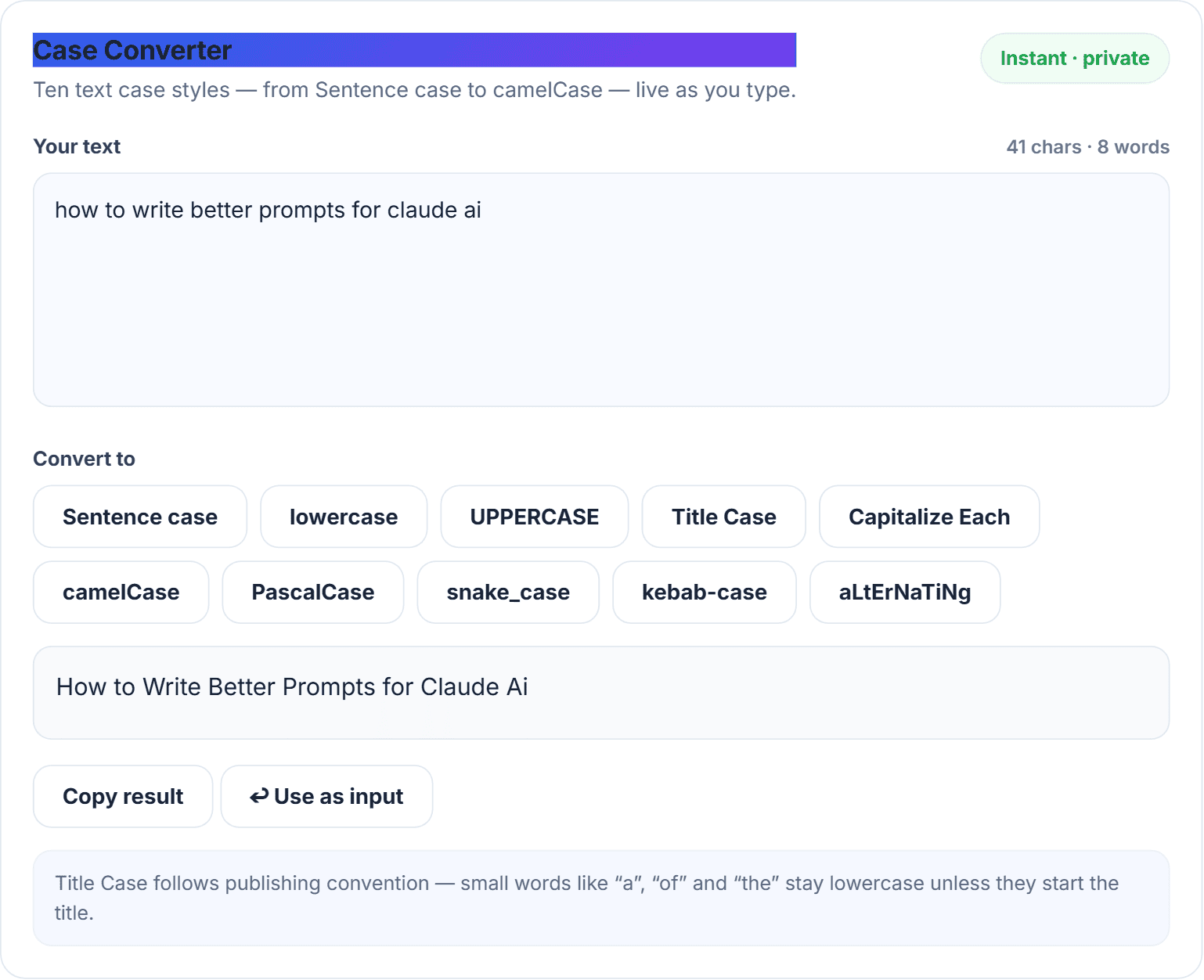 The HN Solutions case converter turning a lowercase headline into Title Case, with ten case styles to choose from
