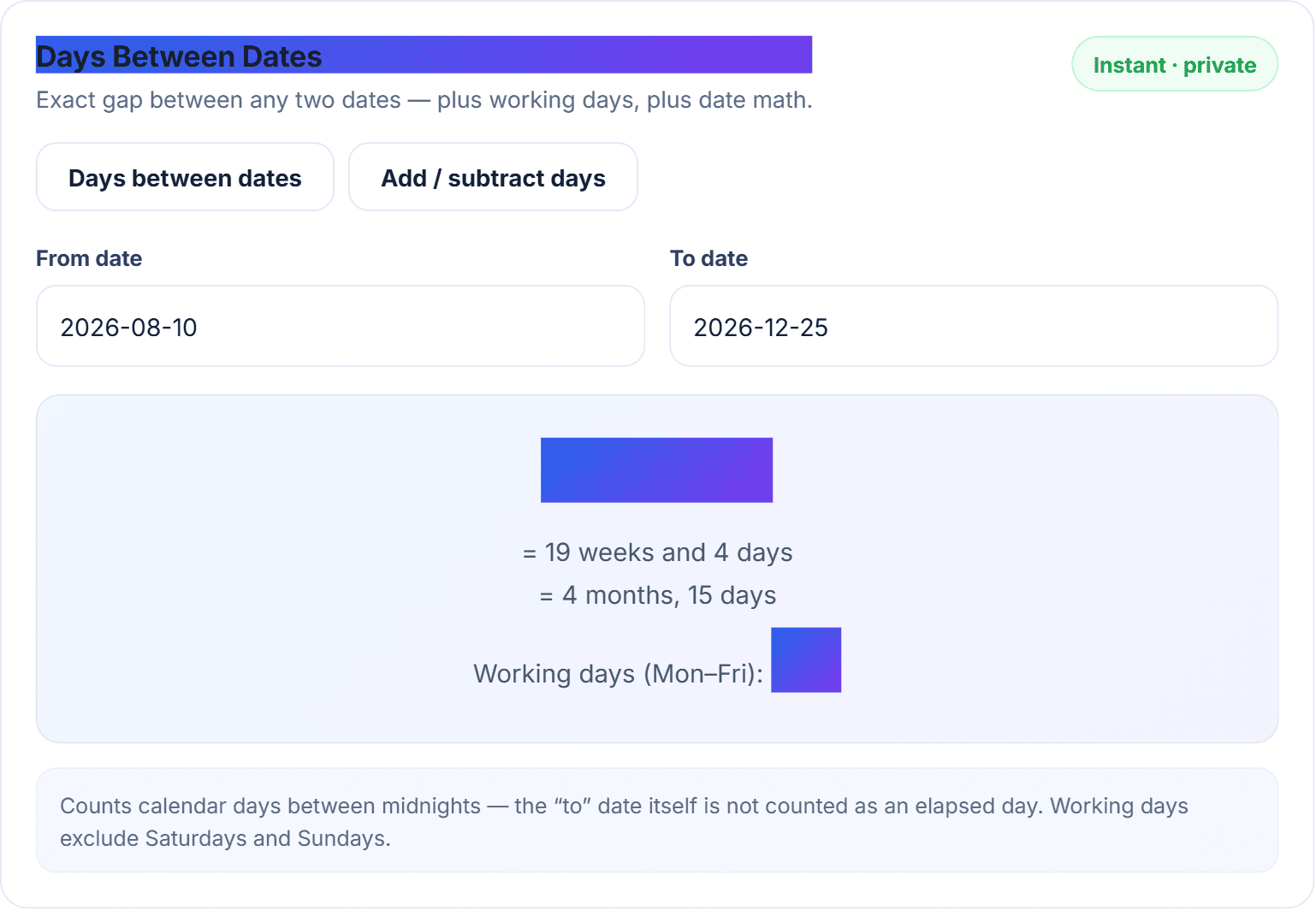 The HN Solutions days-between-dates calculator counting from 10 August to 25 December 2026, including a working-days total
