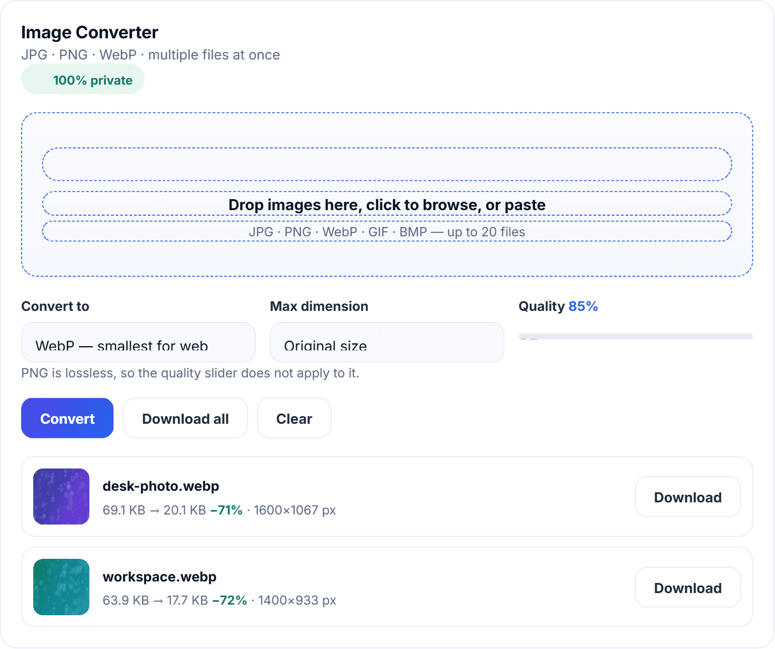 The HN Solutions image converter turning two JPGs into WebP entirely in the browser, showing around 70 percent size reduction for each file