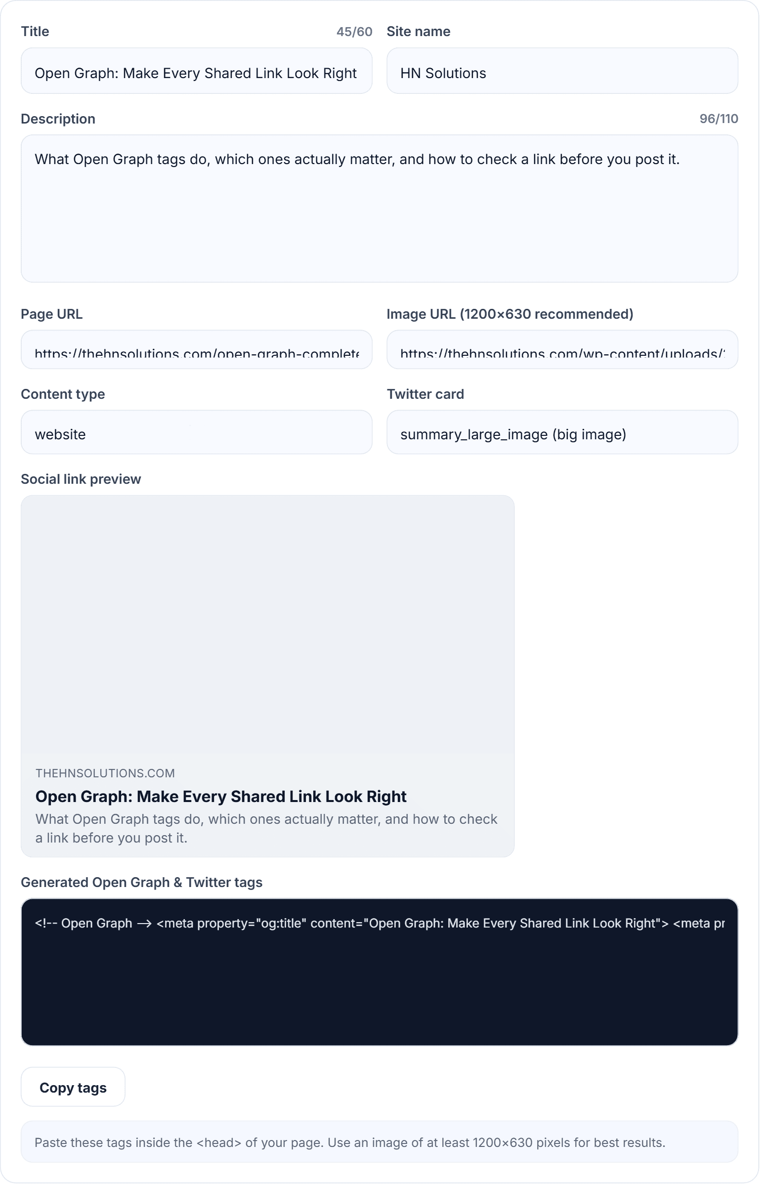 The HN Solutions Open Graph generator building og and Twitter card tags from a title, description, URL and image