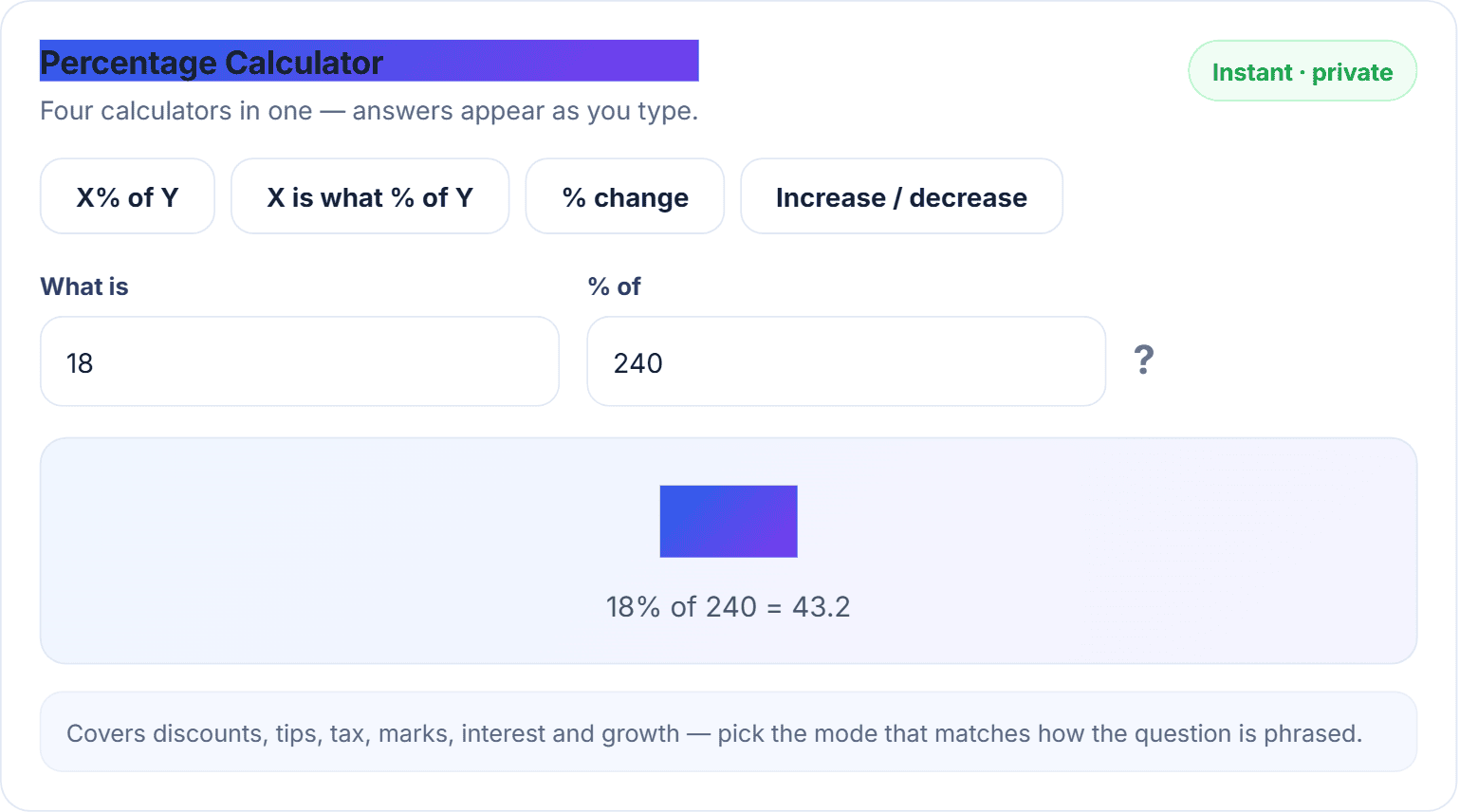 The HN Solutions percentage calculator working out 18 percent of 240, with four calculation modes available