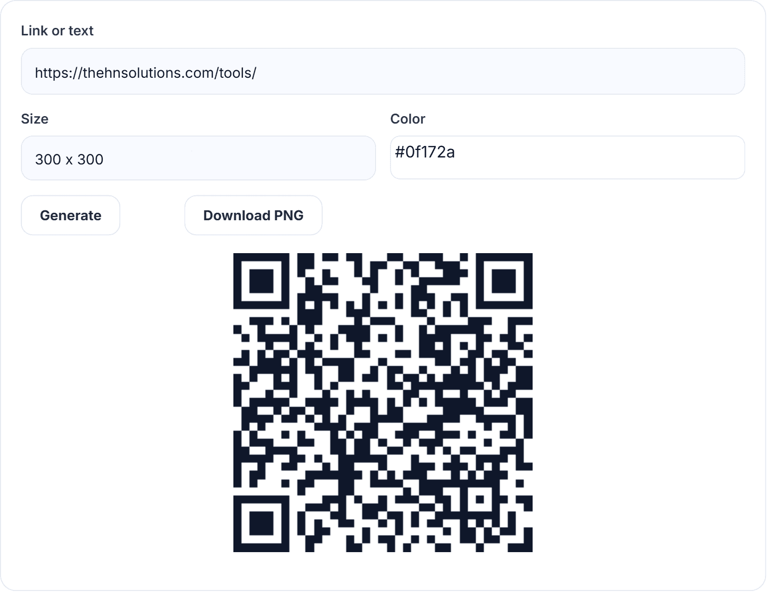 The HN Solutions QR code generator with a scannable code generated for the HN Solutions tools page, plus size and colour options