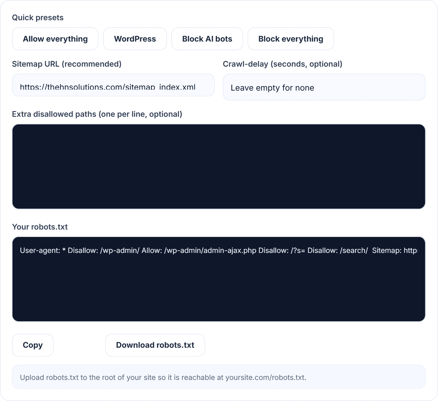 The HN Solutions robots.txt generator producing a WordPress preset with sitemap line and crawl rules ready to copy