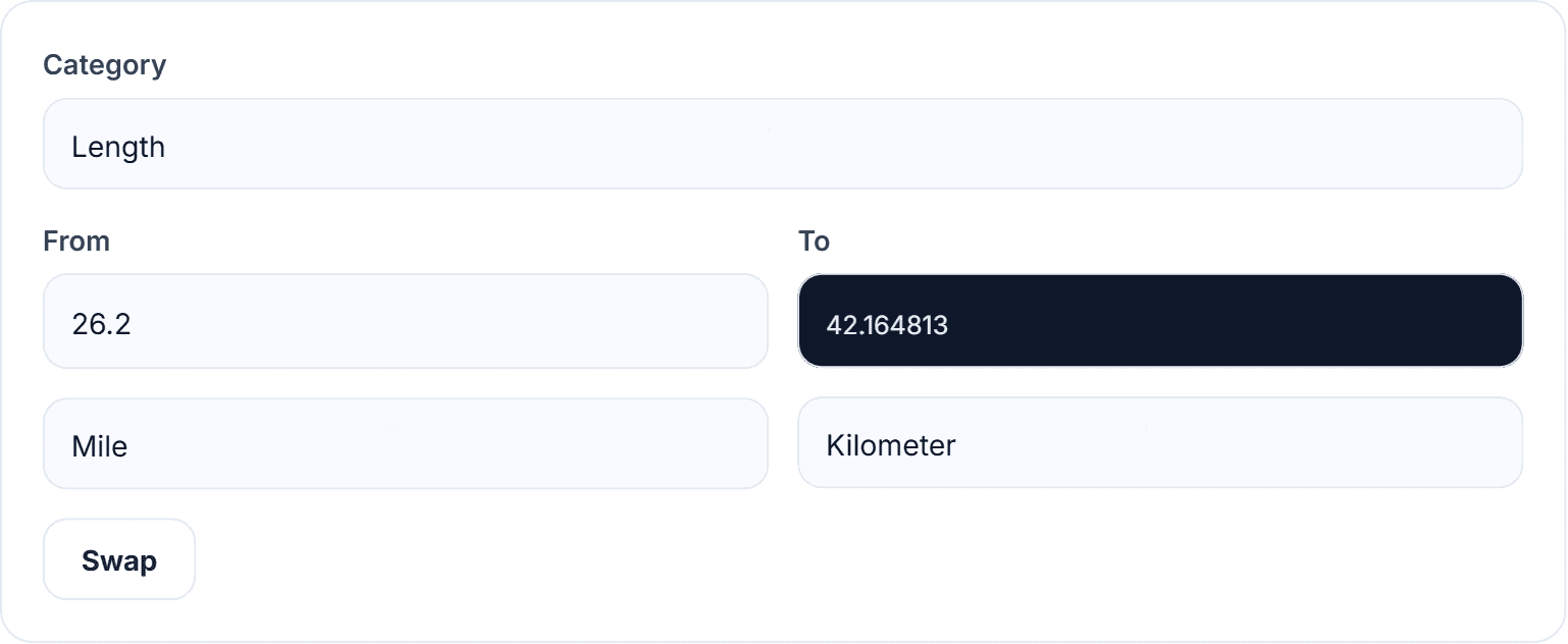 The HN Solutions unit converter turning 26.2 miles into kilometres, with length, weight and temperature categories